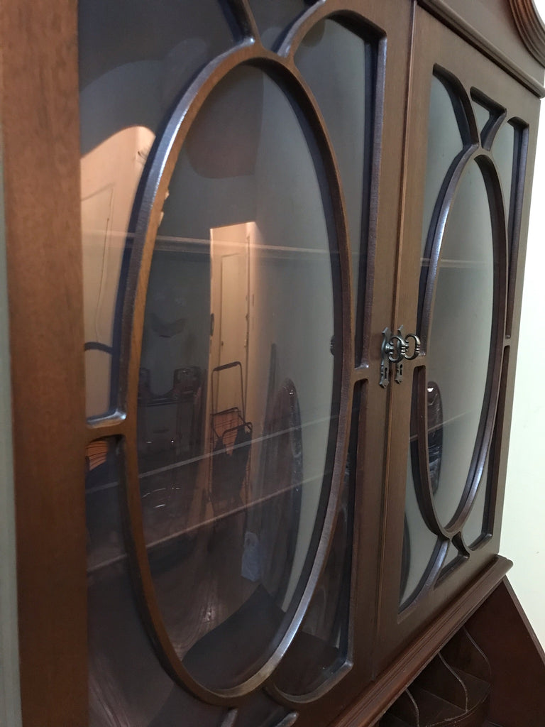 Vintage Antique Solid Wood Standing Fold Down Secretary Desk with drawers, curved glass doors.  Located in Astoria Queens, NYC