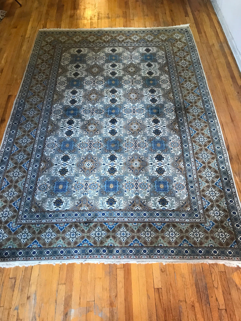 Vintage Large Hand Made Persian Rug blue, green, grey , white - 11x7.5  