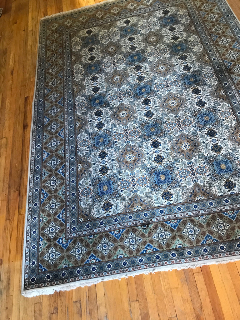 Vintage Large Hand Made Persian Rug blue, green, grey , white - 11x7.5  