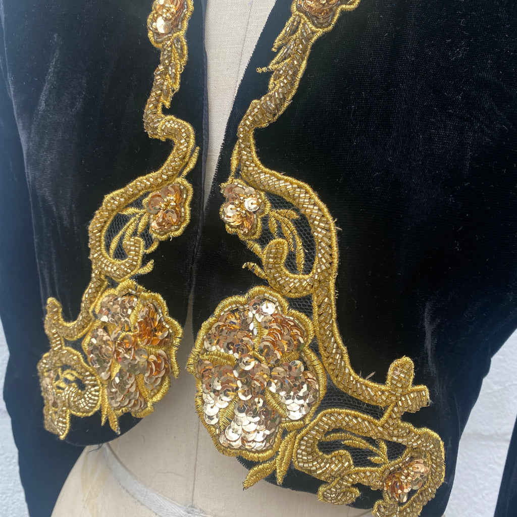 1980s Vintage  Scott McClintock cropped crushed black velvet and gold sequin  and beaded trim Bolero jacket, Large shoulder pads. New with tags, Size Medium.