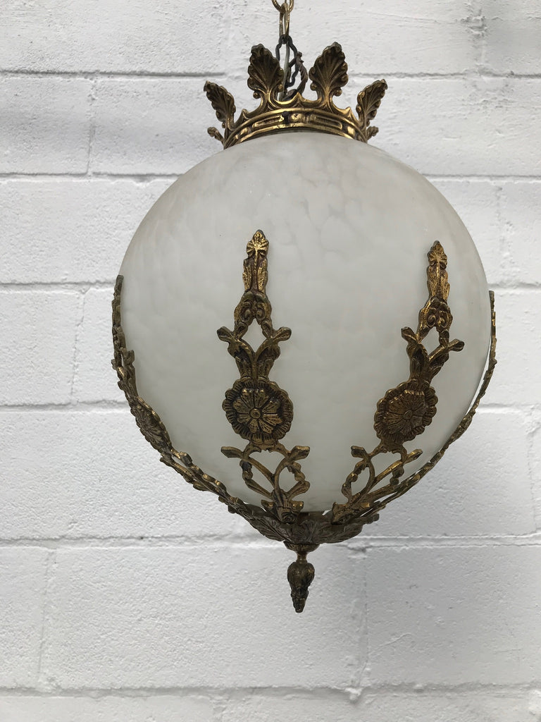 1950's Mid Century Hanging Spatter Glass Globe and Brass Pendant Lamp with Chain