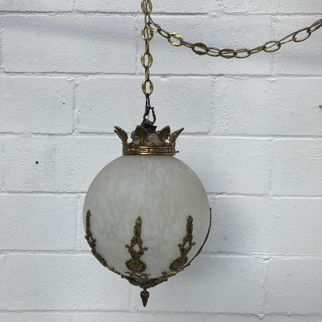 1950's Mid Century Hanging Spatter Glass Globe and Brass Pendant Lamp with Chain