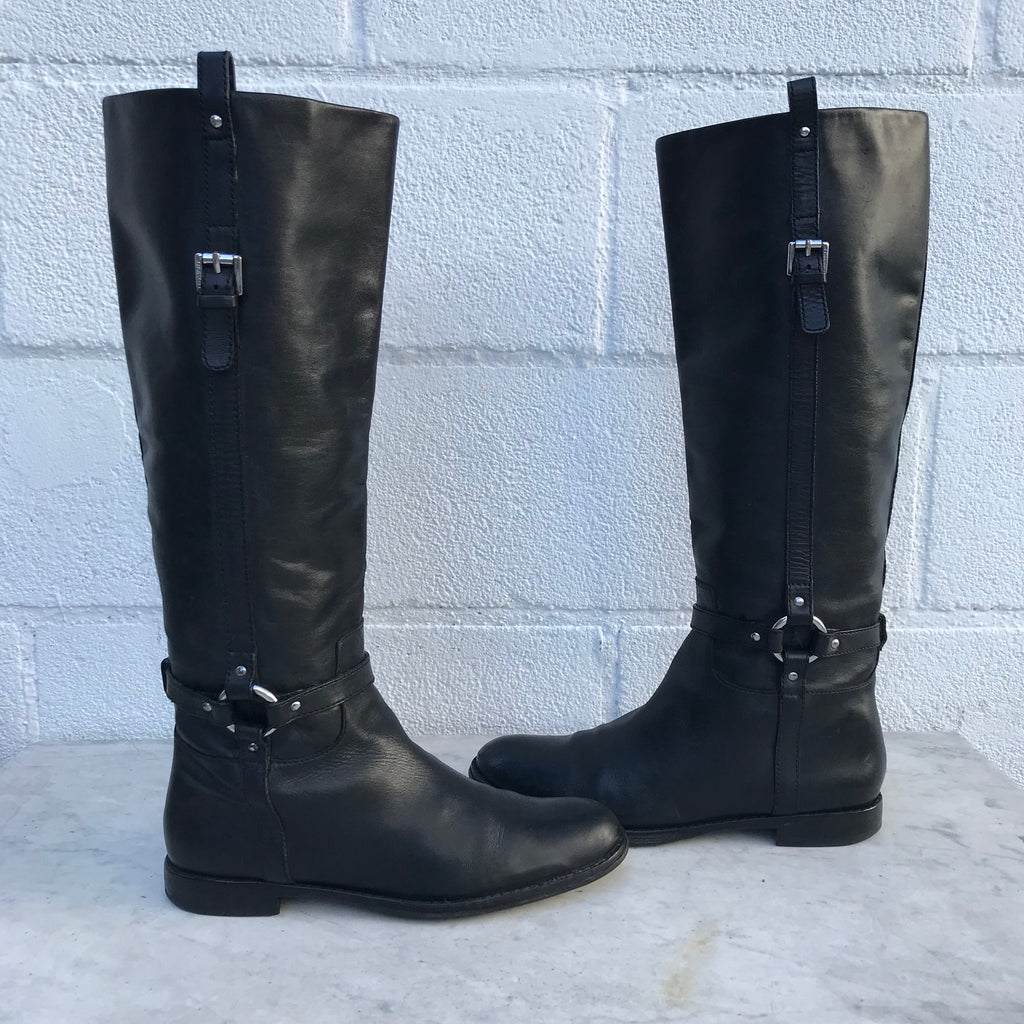 Size 7.5B Vintage Coach Tall Black Leather Riding / Motorcycle Boots with silver buckles, hardware and zipper, FREE SHIPPING