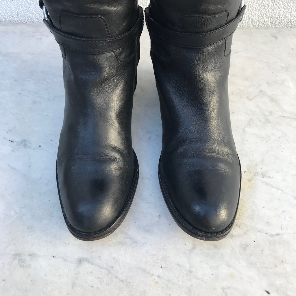 Size 7.5B Vintage Coach Tall Black Leather Riding / Motorcycle Boots with silver buckles, hardware and zipper, FREE SHIPPING