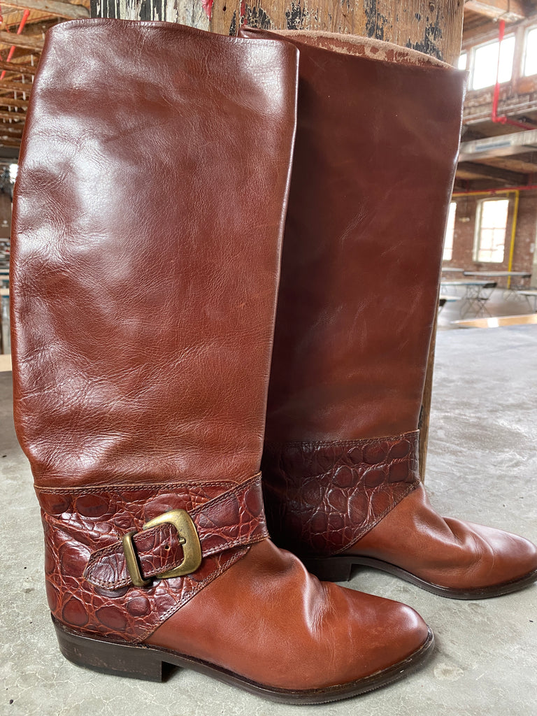 1980's Size 6 Sudini Made in Italy Leather Tall Riding Boots with Brass Buckle, Womens Equestrian Horse Riding Boots Cognac