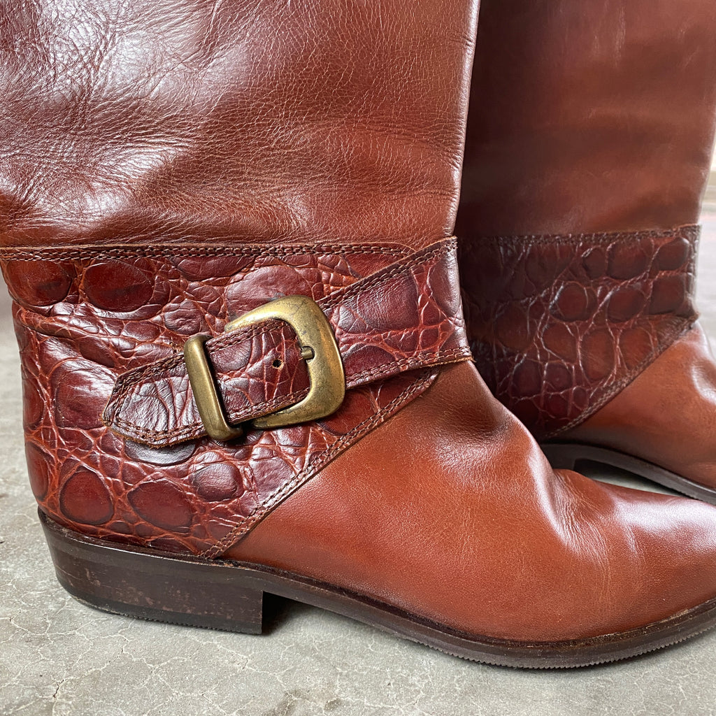 1980's Size 6 Sudini Made in Italy Leather Tall Riding Boots with Brass Buckle, Womens Equestrian Horse Riding Boots Cognac