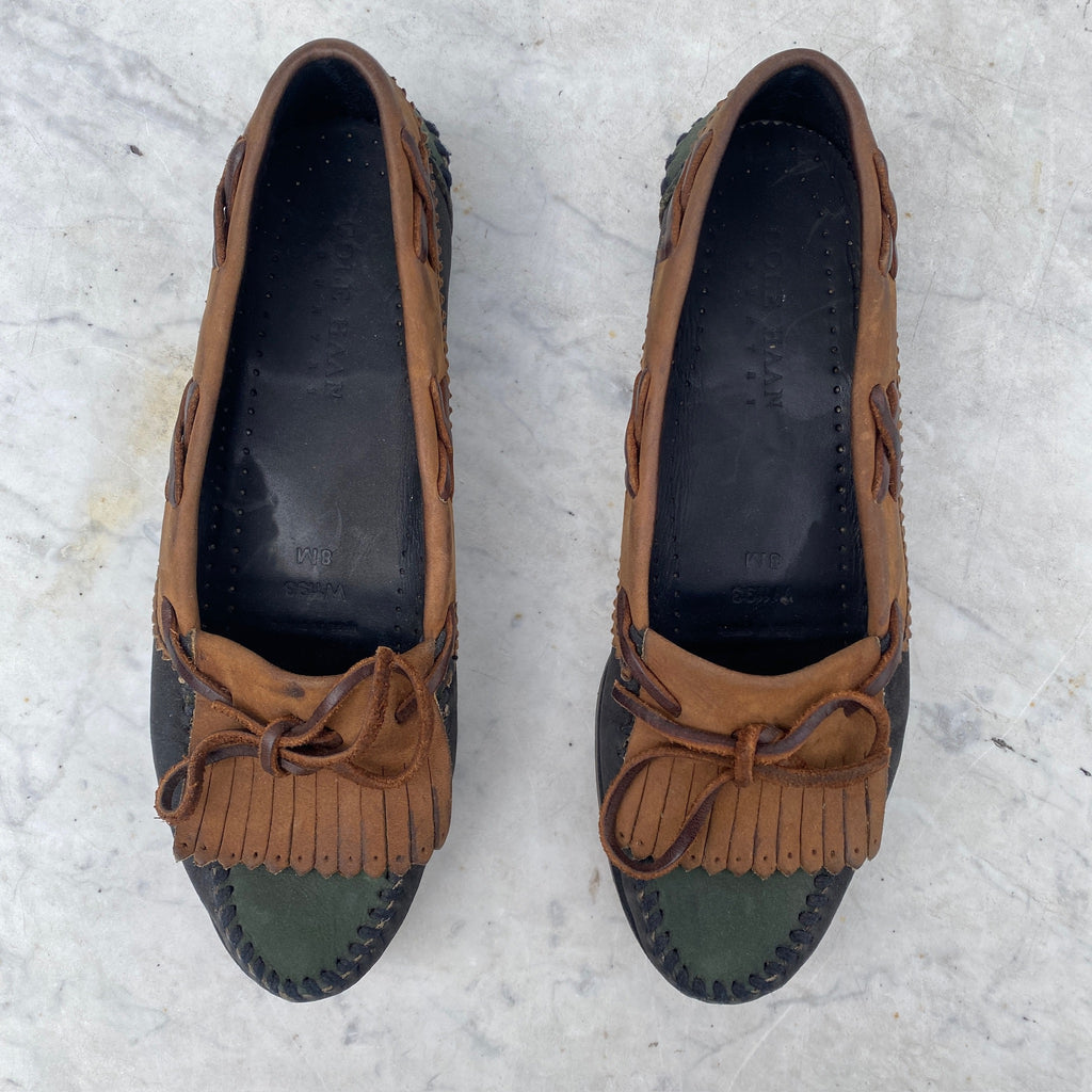 Women 8M 1990 Cole Haan  Tri Colored Brown, green, black, oiled leather fringed Oxford slip on preppy shoes. FREE SHIPPING!