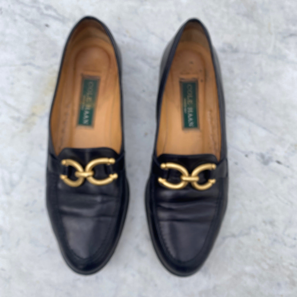 Womens 8.5 M 1990 Cole Haan Black Leather slip on driving Loafer double horseshoe gold buckle - FREE SHIPPING!