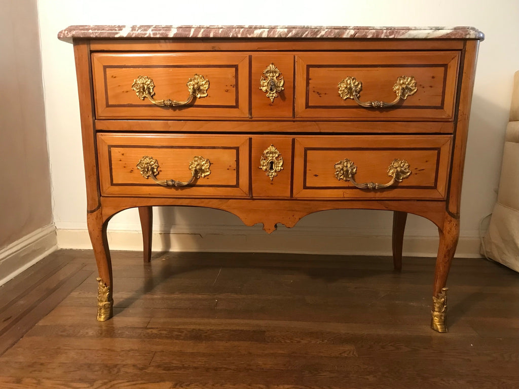 Antique Marble Top Louis XV Style Marquetry Chest of Drawers with Ormolu and Pink Marble Top,
