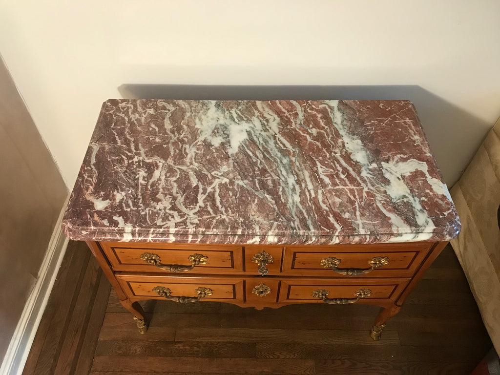 Antique Marble Top Louis XV Style Marquetry Chest of Drawers with Ormolu and Pink Marble Top,