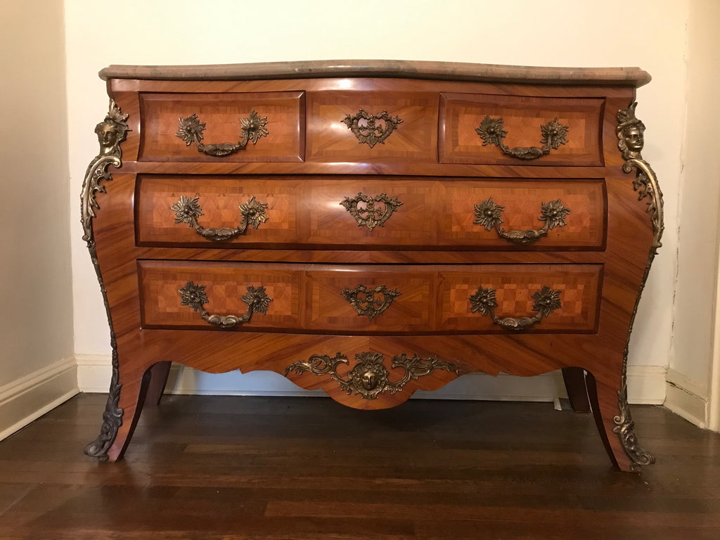 Antique Wood Inlay Louis XV Style Commode Chest of Drawers with Thick Marble, Antique Dresser or  Buffet. Located in Astoria, Queens NYC. 