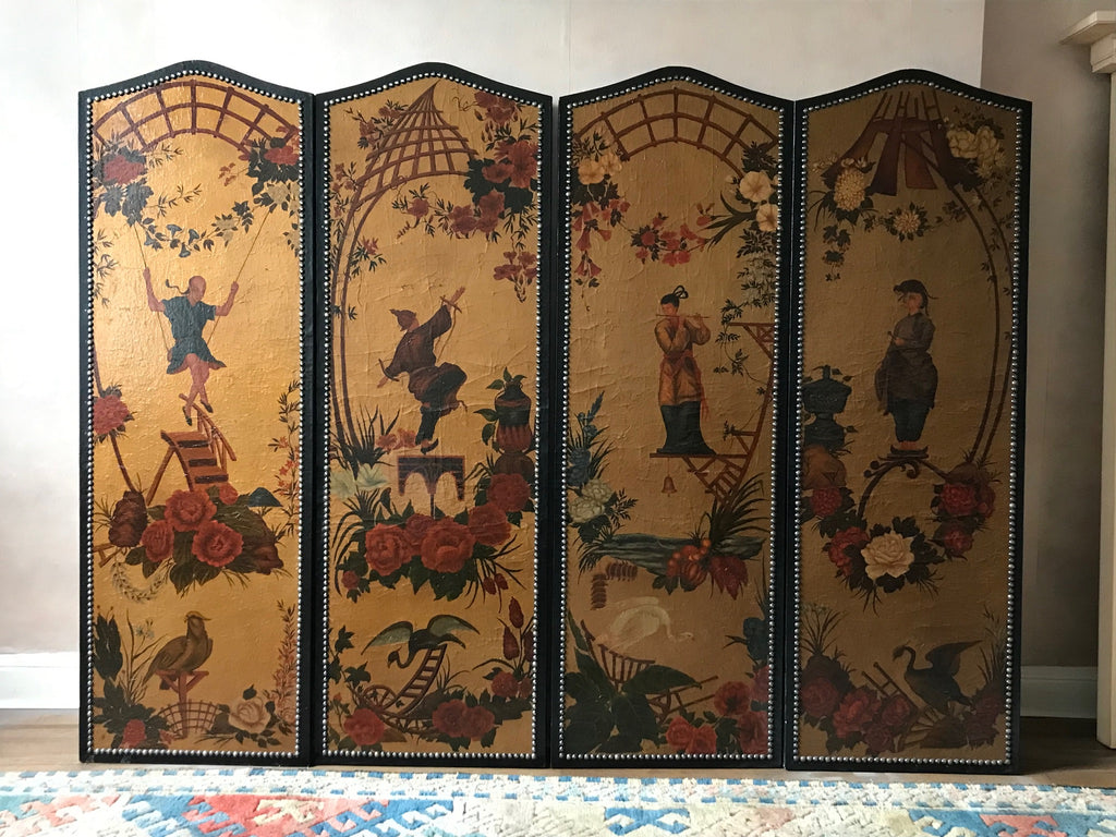 Rare Vintage 4 Chinoiserie Gold Hand Painted Wall Panel Art of The Four Seasons with people, floral, birds