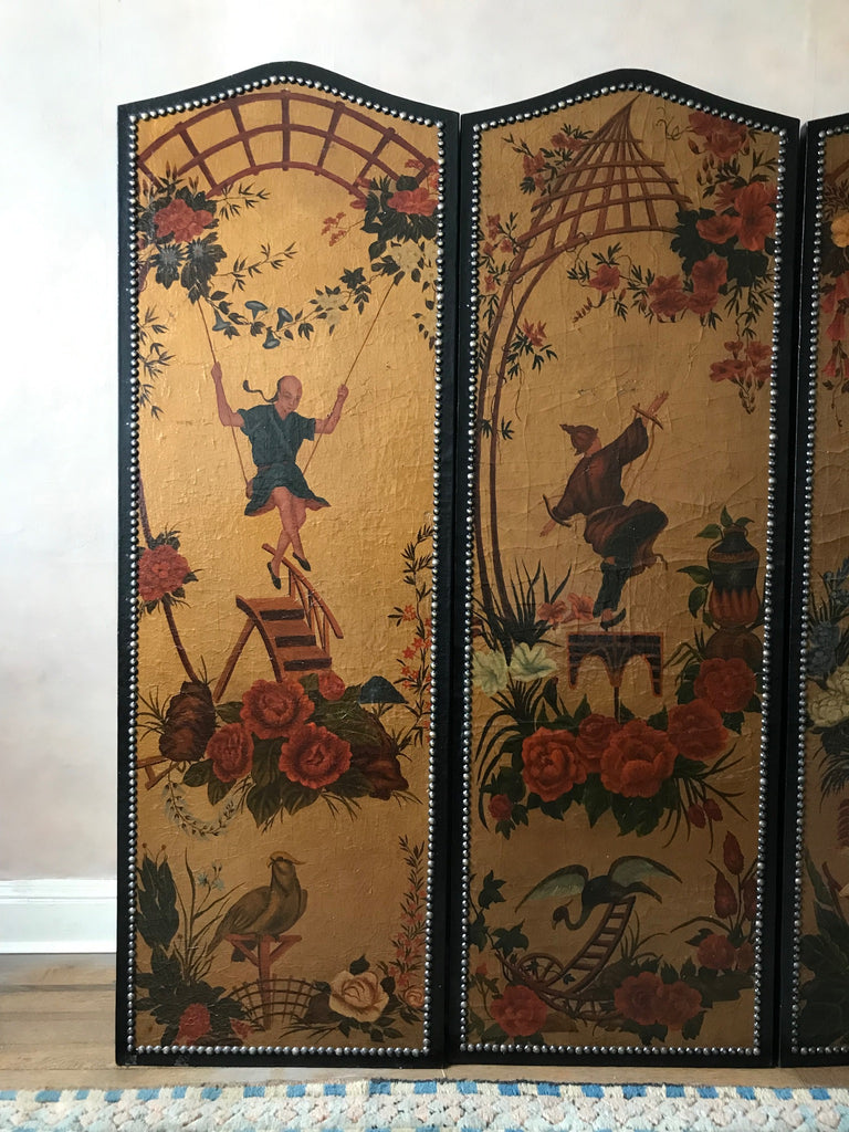 Rare Vintage 4 Chinoiserie Gold Hand Painted Wall Panel Art of The Four Seasons with people, floral, birds