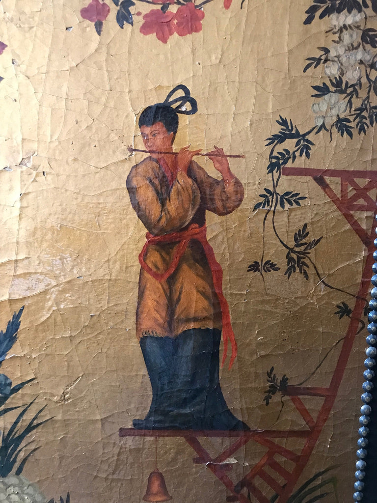 Rare Vintage 4 Chinoiserie Gold Hand Painted Wall Panel Art of The Four Seasons with people, floral, birds