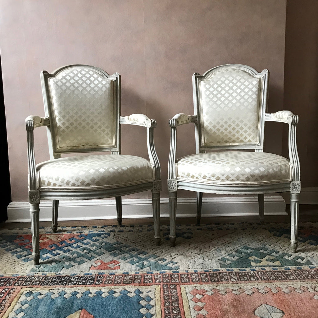 Pair Antique French Louis XVI Armchairs in White damask custom upholstery. Located in Astoria Queens , NYC 