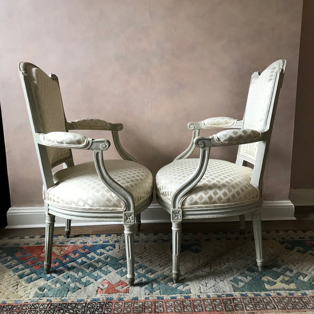 Pair Antique French Louis XVI Armchairs in White damask custom upholstery. Located in Astoria Queens , NYC 