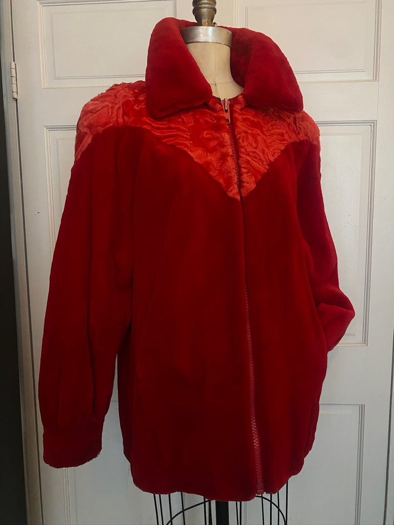 Size M/L - 1980's Custom made Blood Red Astrakhan lamb and sheared beaver fur coat, shoulder pads, fully lined with pockets. FREE SHIPPING! Located in Astoria, Queens NYC