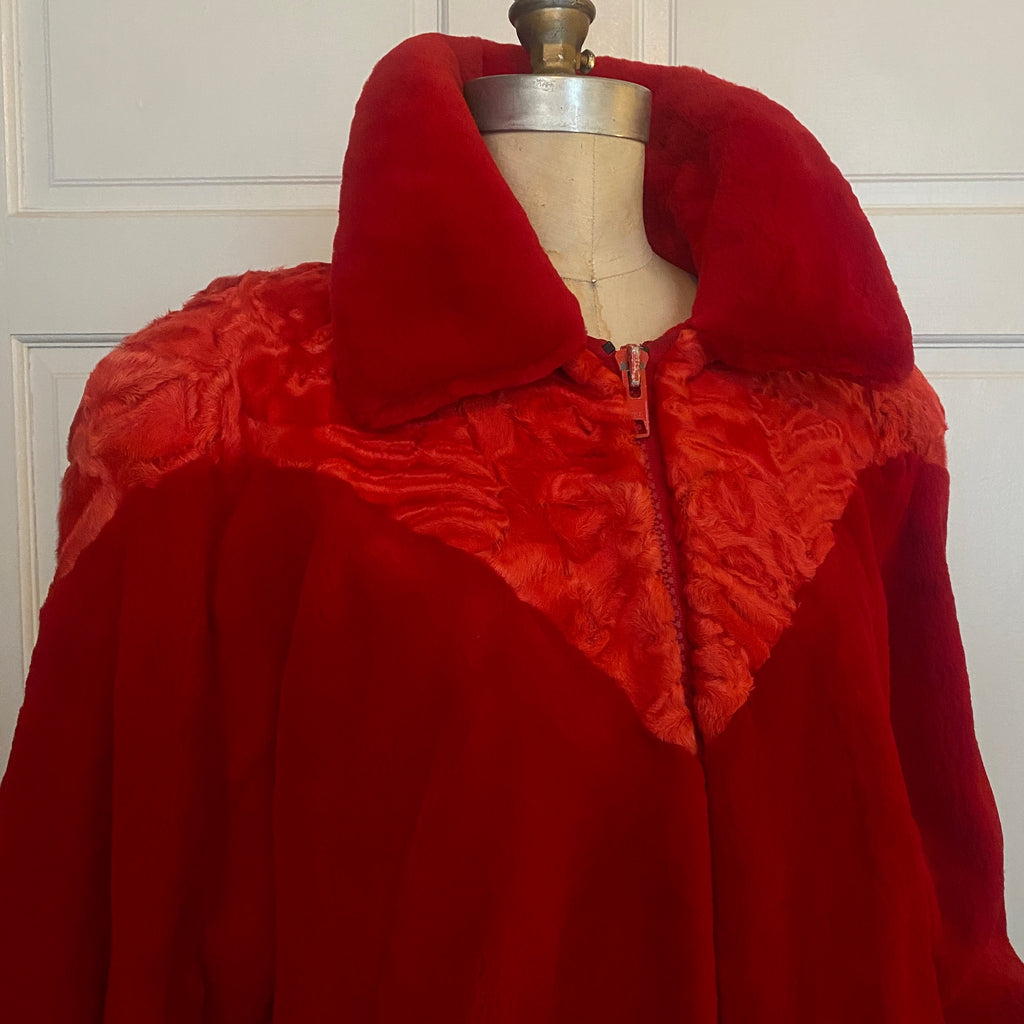 Size M/L - 1980's Custom made Blood Red Astrakhan lamb and sheared beaver fur coat, shoulder pads, fully lined with pockets. FREE SHIPPING! Located in Astoria, Queens NYC