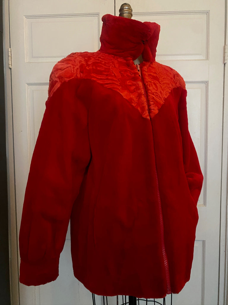 Size M/L - 1980's Custom made Blood Red Astrakhan lamb and sheared beaver fur coat, shoulder pads, fully lined with pockets. FREE SHIPPING! Located in Astoria, Queens NYC