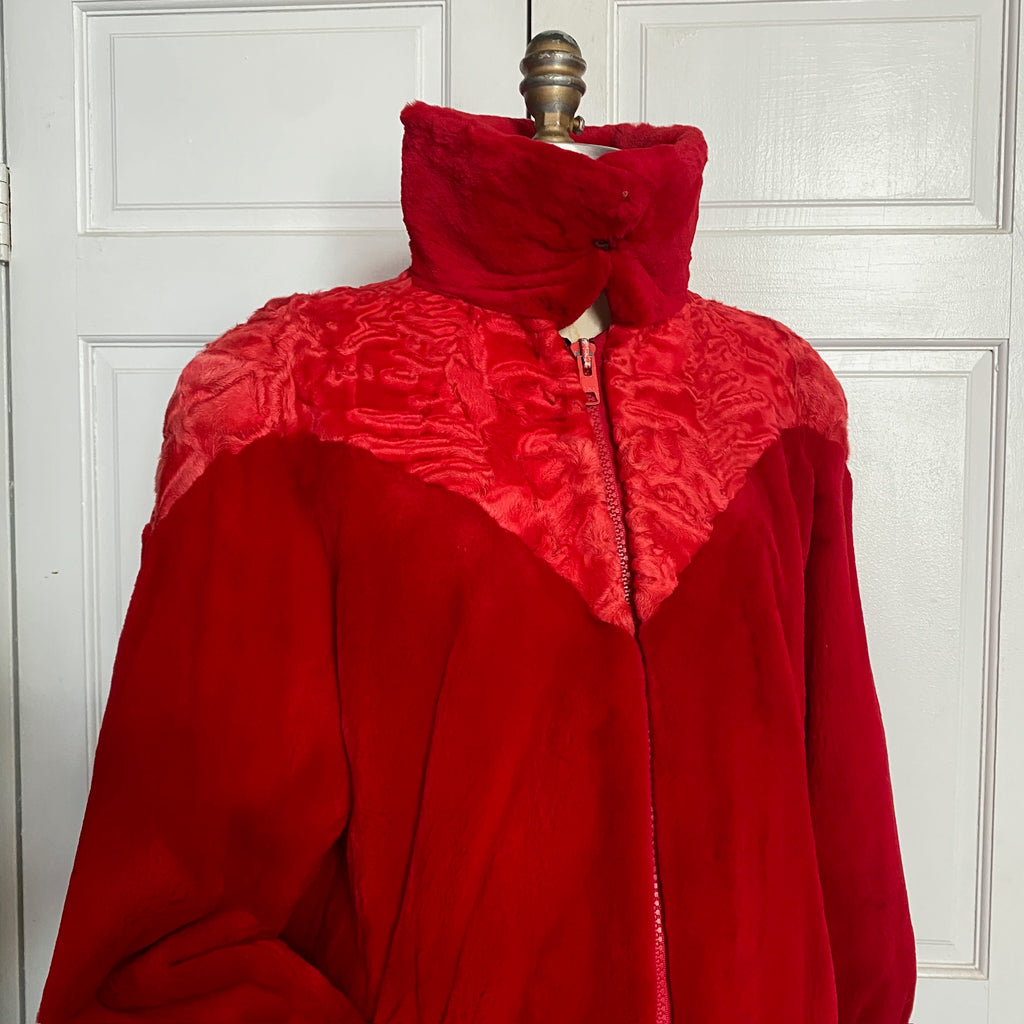 Size M/L - 1980's Custom made Blood Red Astrakhan lamb and sheared beaver fur coat, shoulder pads, fully lined with pockets. FREE SHIPPING! Located in Astoria, Queens NYC