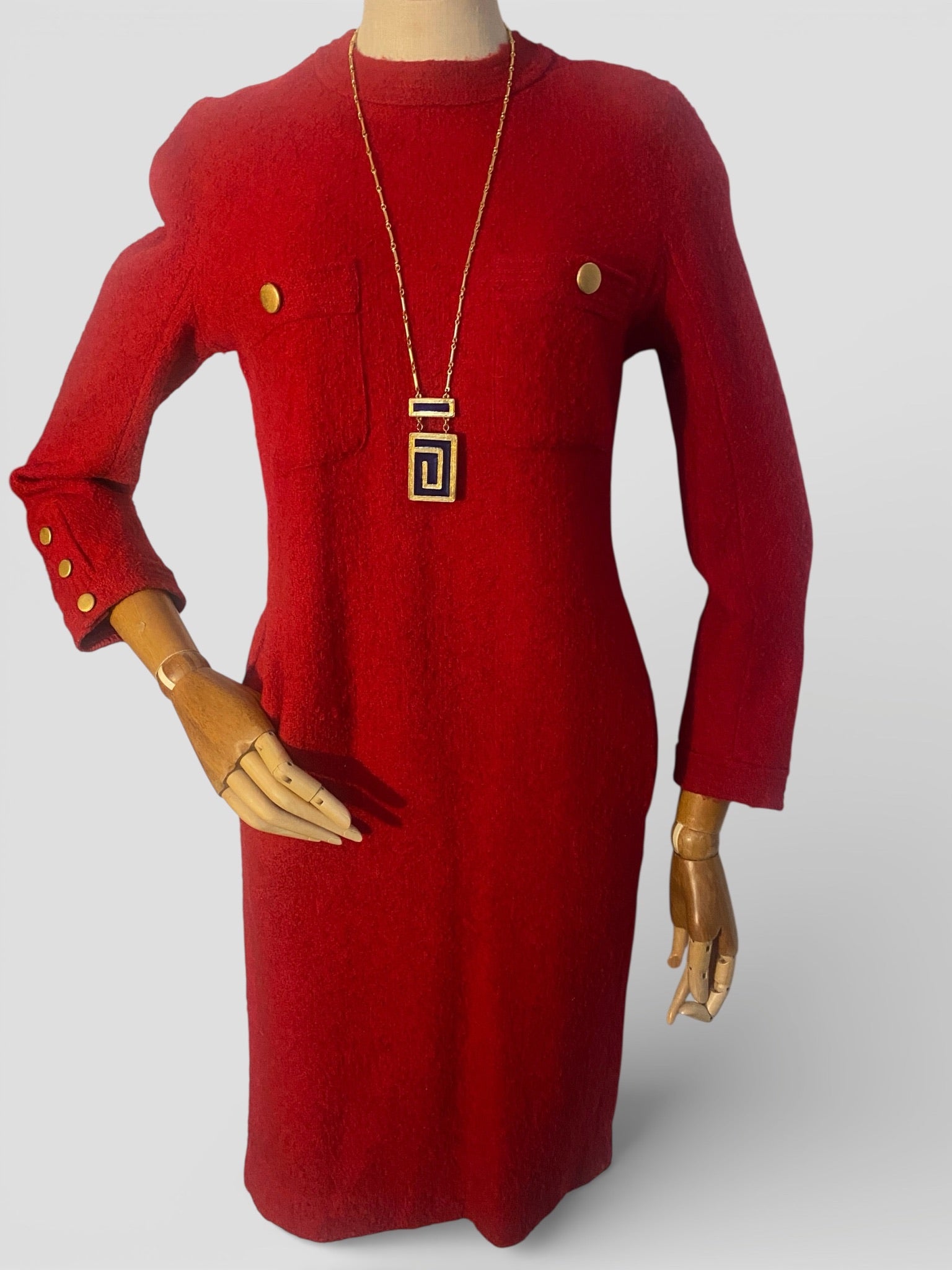 red dress with gold buttons Vintage Albert Nipon Chanel Style Texture Wool Executive w/ – FIRE LILY VINTAGE Color:BV980