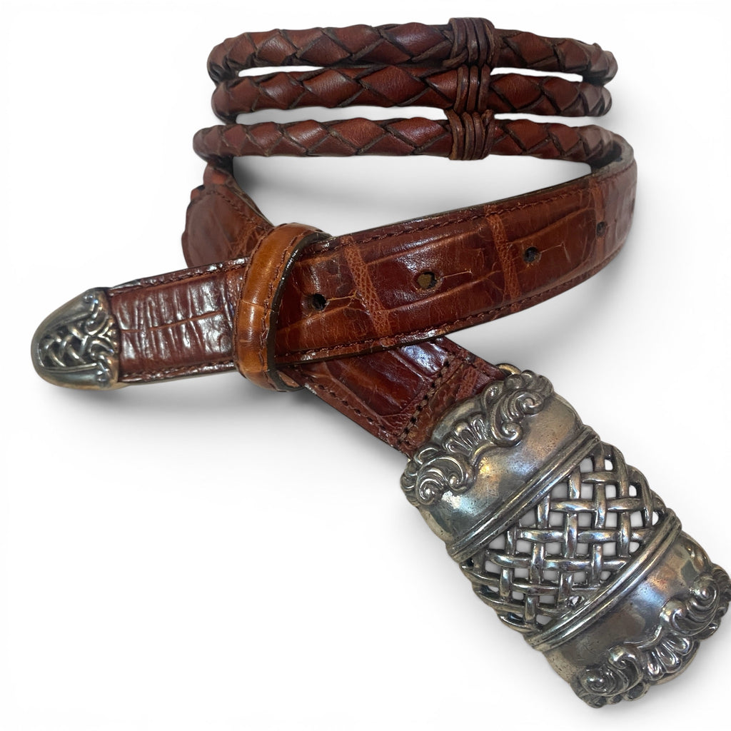 1990s Brighton Braided Embossed Crocodile Leather Belt  display picture 2