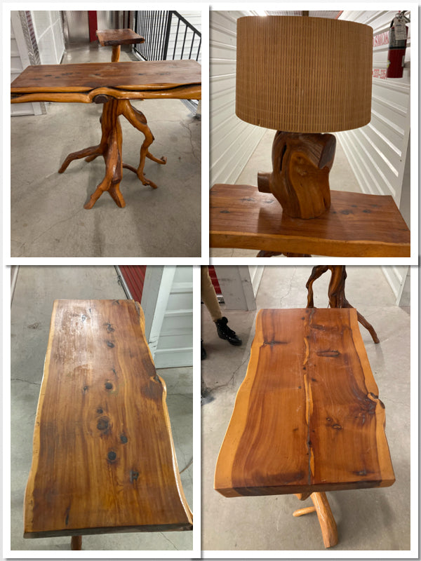 1950's 3 Piece Set. 2  Mid Century Live Edge Tables and matching  Lamp. Handmade in the late 1950s in Idaho Springs, Colorado. Located in Texas DFW area