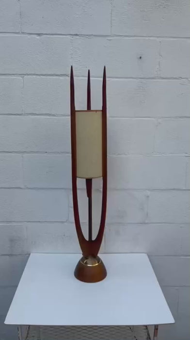 RARE Mid Century Modeline by Arthur Jacobs tall Teak or Walnut Lamp 3 Prong Rocket Style Table Lamp.      FREE SHIPPING