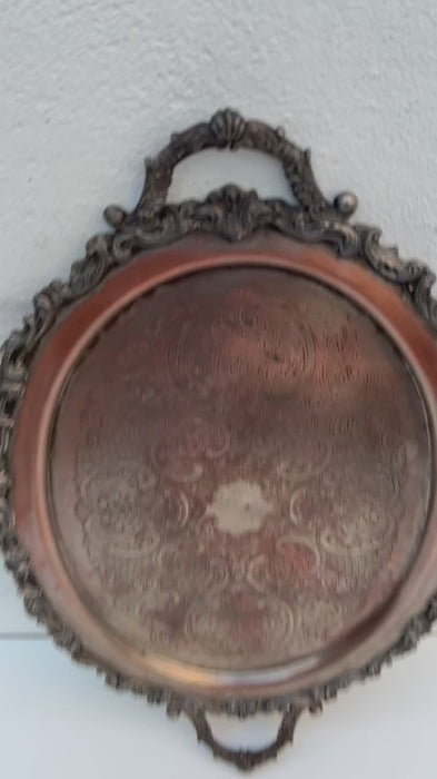 Vintage Silver Copper Ornate Etched Tray Tea, Makeup, Perfume, Serving Tray w/ handles    FREE SHIPPING