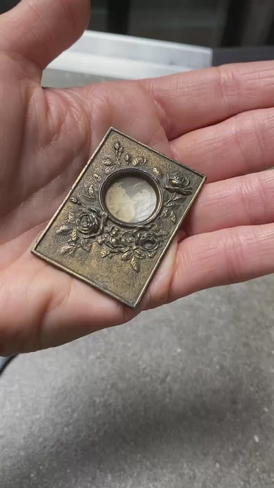 MINIATURE Antique 1890's French Art Nouveau brass picture frame w/ Repoussé Roses        FREE SHIPPING