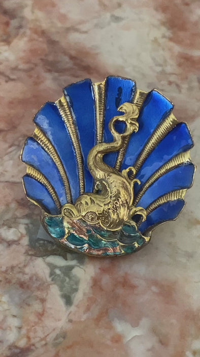 Vintage Blue Gold Enamel Shell / Sea Serpent / Sea Dragon Brooch on Wave       FREE SHIPPING