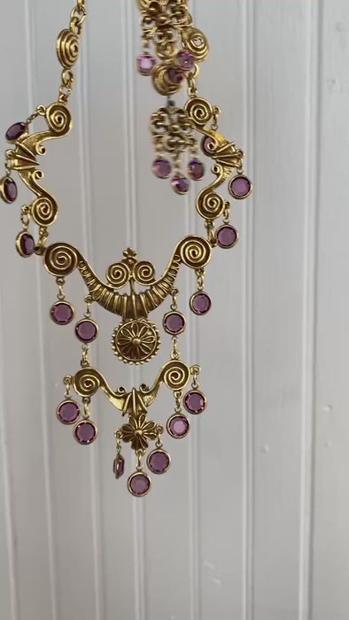 1970's GOLDETTE  Etruscan Revival Victorian style Amethyst bib fringe festoon necklace gold filigree and bezel  glass beads.     FREE SHIPPING