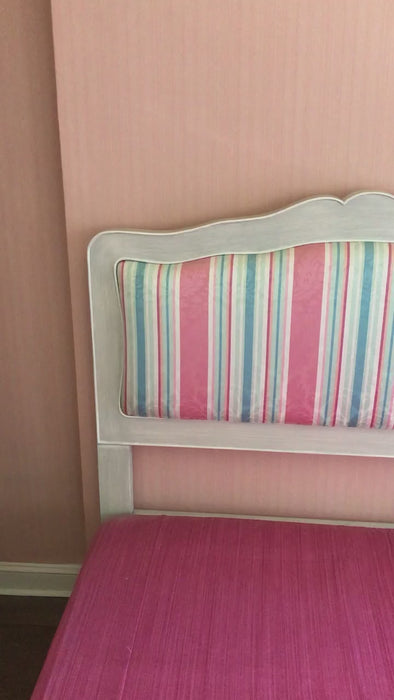 Vintage white and grey wood carved headboard with custom upholstery in pink, white, blue stripes, Full Size Box Spring with pink fabric to match. Located in Astoria Queens, NYC