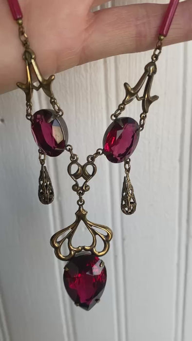1970s Sadie Green Art Nouveau, Victorian Revival Festoon Blood Red Crystal Tear Drop glass bead , brass chain Long Statement Necklace.    FREE SHIPPING