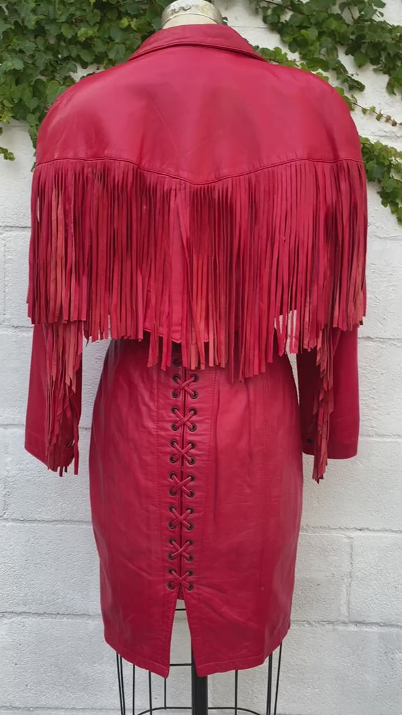 RARE 1980's designer Michael Hobam for North Beach Leather Vixen dress and  fringe jacket SET - Medium