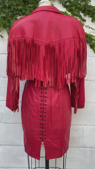 RARE SET- 1980s designer Michael Hoban for North Beach Leather lipstick red Leather lace up Vixen dress and leather fringe jacket with large shoulder pads - Size Medium