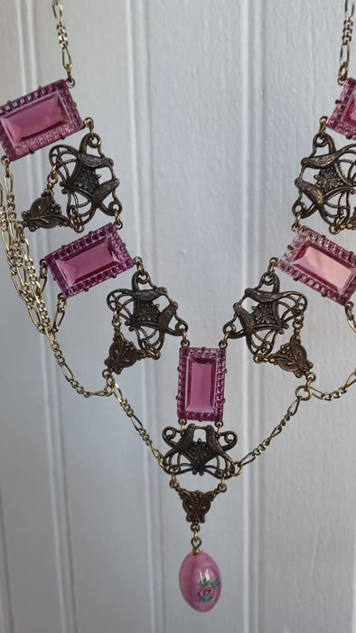 1970s Sadie Green Art Nouveau, Victorian Revival Festoon  pink crystal bead necklace with love birds, Statement Necklace