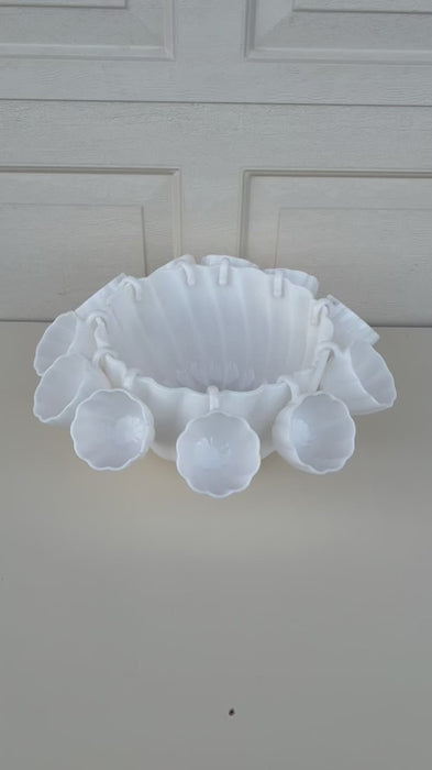 Vintage NEWLAND SCHNEELOCH PIEK Milk Glass PUNCH BOWL Lot 11 Cups.   FREE SHIPPING