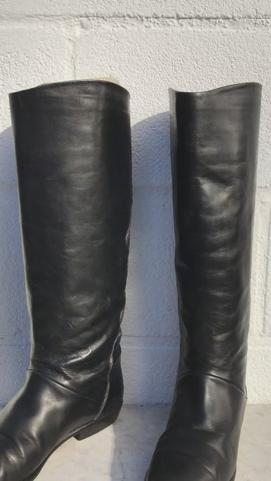 Women 8.5/9 1980s Designer Maraolo Leather Patchwork tall boots , Flat Heel, round toe - Size 39 Made In Italy