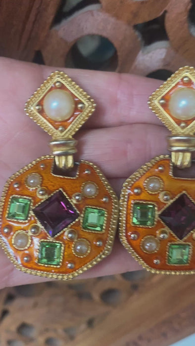 1980s CRAFT(Gem Craft) Designer Costume  Orange Enamel, Gold , Pearl Rhinestone statement earring       FREE SHIPPING. 
