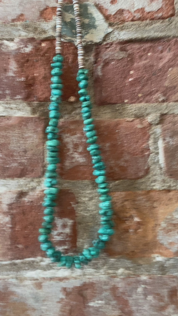 Chunky 1970's Turquoise nugget  beaded and olive heishi necklace with sterling silver hook and eye closure