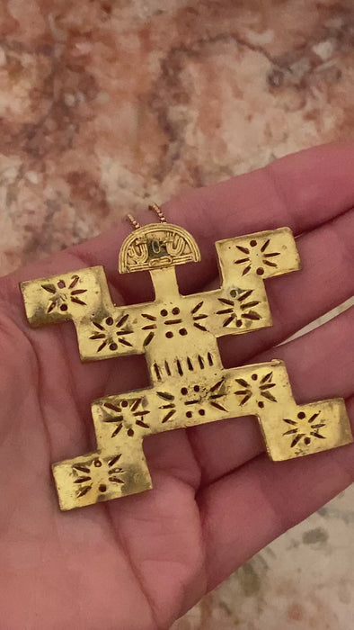 Pendant or Brooch: Vintage Pre-Columbian Tolima "flyer" Tribal Breastplate Brass , anthropo-zoomorphic figure on chain.      FREE SHIPPING