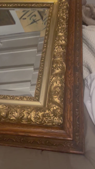 Antique Victorian Mirror Carved Tiger Oak Wood Gold Gilt Framed Mirror