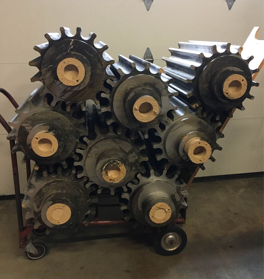 Eight Wood Oversized Gear Movie Props, great for plant stand, podium or industrial table base