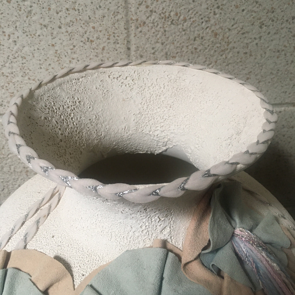 1980s Ceramic Southwestern White and Pastel Vase New Mexico Pottery , leather Art vase