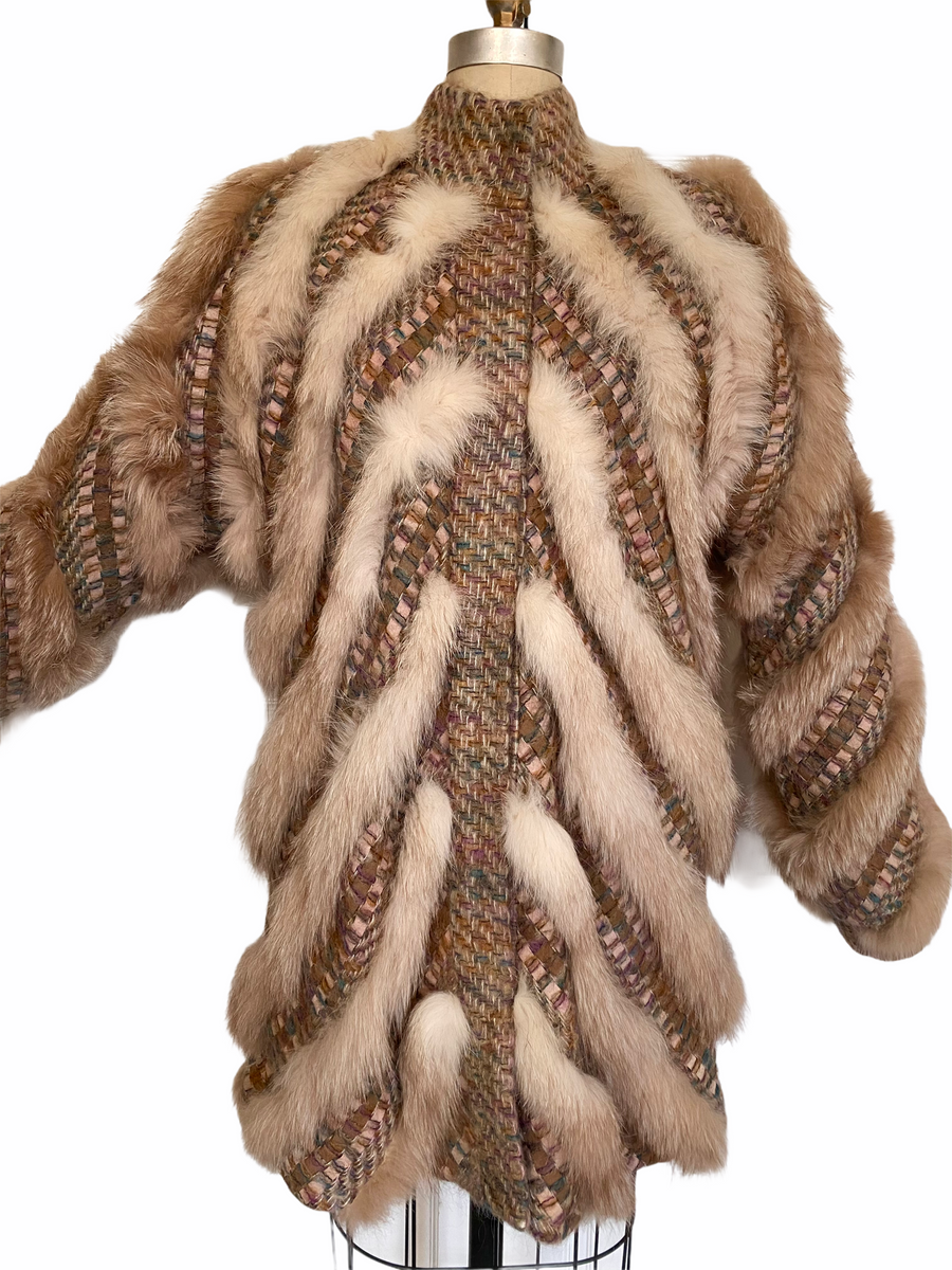 1980s Designer Ben Ric Furs woven mohair, suede, and fox fur herringbo ...
