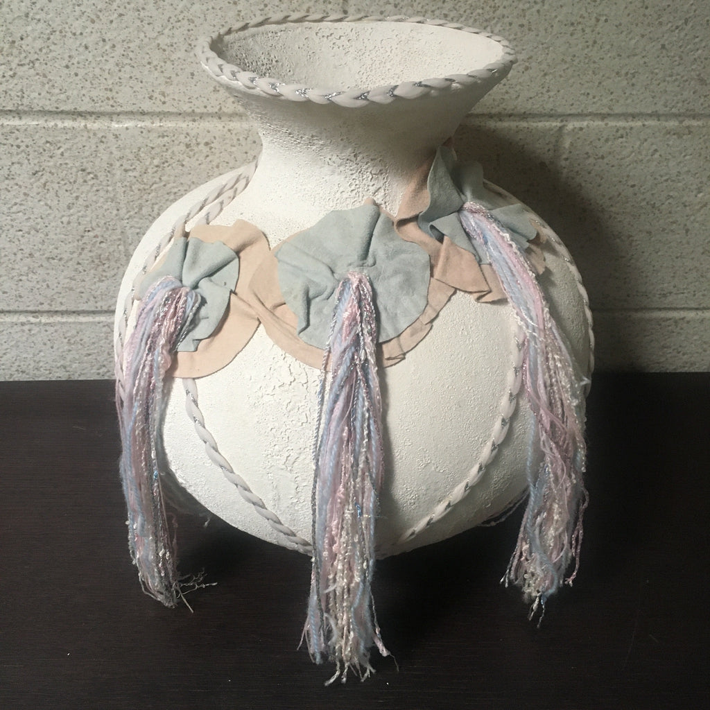 1980s Ceramic Southwestern White and Pastel Vase New Mexico Pottery , leather Art vase