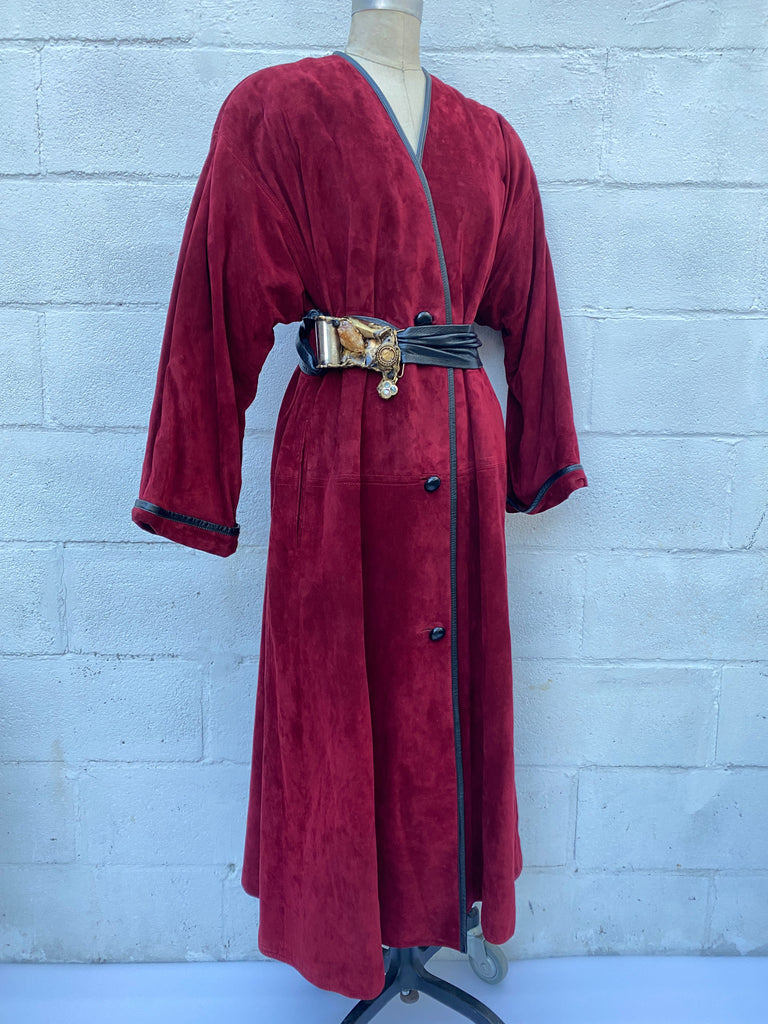 1980s Designer Anne Klein for blood red Bloomingdales Suede, Leather, Wool Oversized Coat, Size small-Large