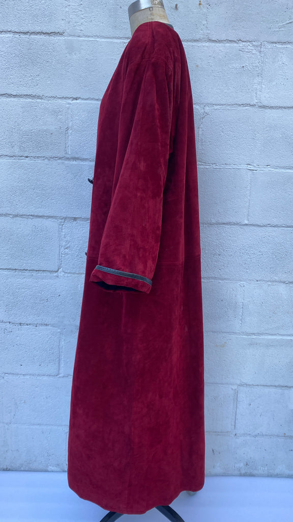 1980s Designer Anne Klein for blood red Bloomingdales Suede, Leather, Wool Oversized Coat, Size small-Large