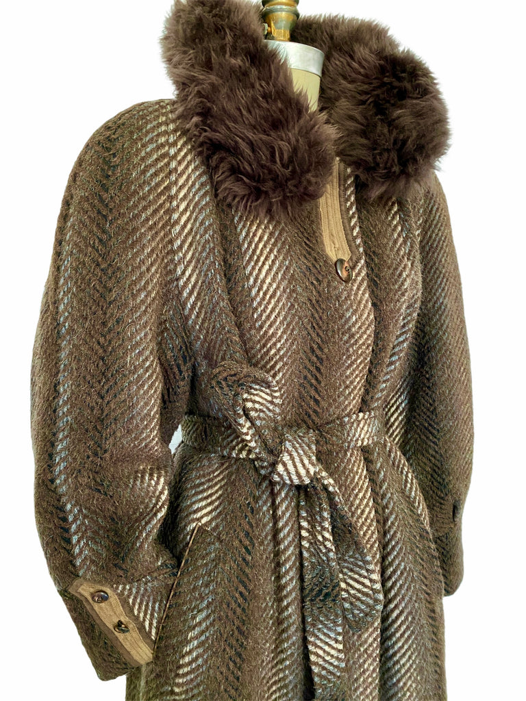 Women's size Tall Large/XL 1980's Brown wool Herringbone w/ fur collar winter trench coat with shoulder pads by designer Baruch